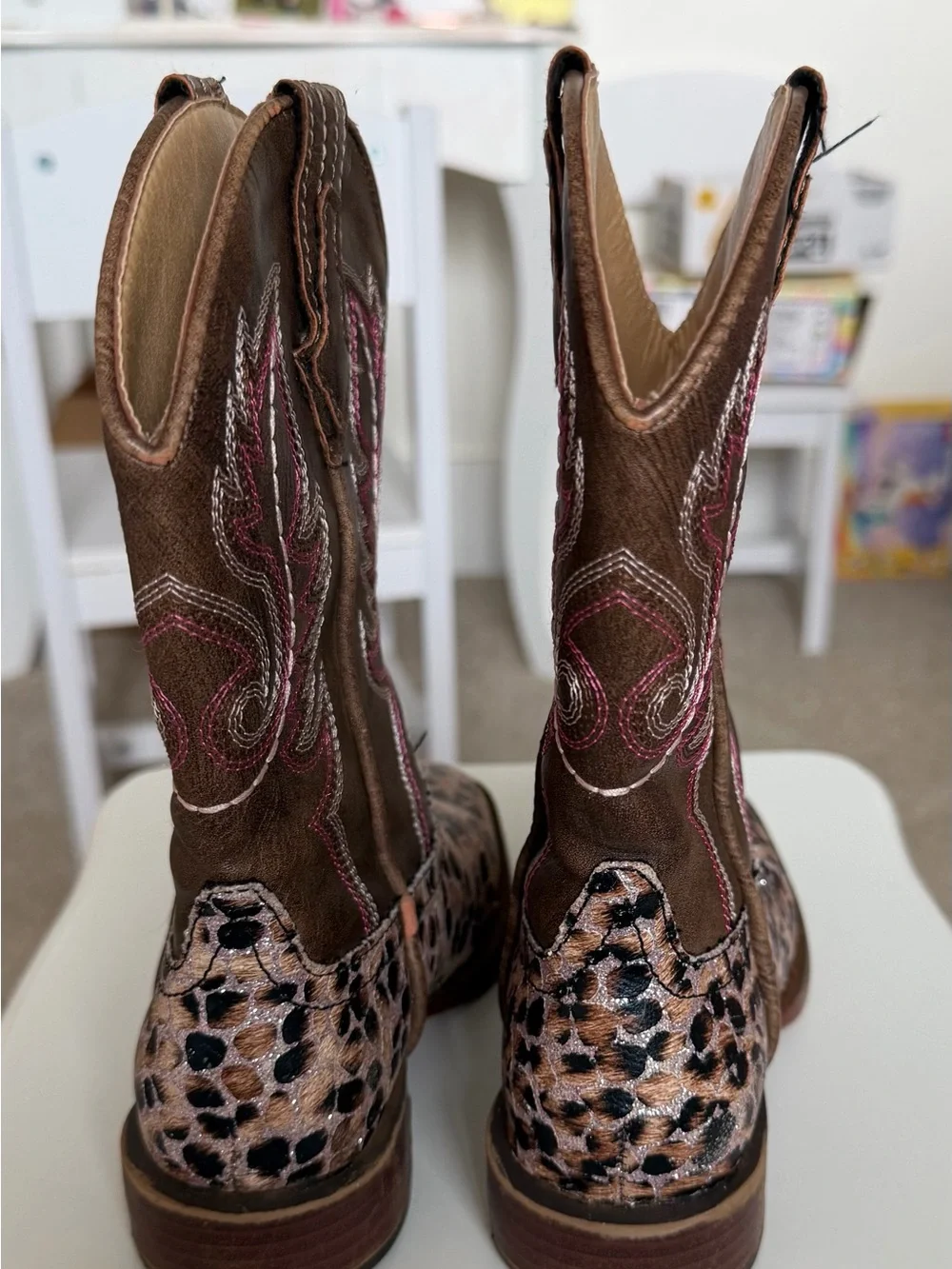Roper Pink & Brown Leopard Print Kids Cowgirl Boots with Pink Stitching